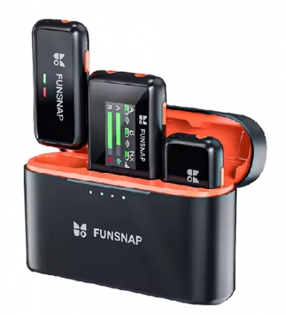 Accesorii Gadgets - Microfon lavaliera wireless Funsnap M6, Negru, Cutie incarcare, Display LCD, Reducere zgomot, Compatibilitate: iPhone, iPad, Android, DSLR, PC