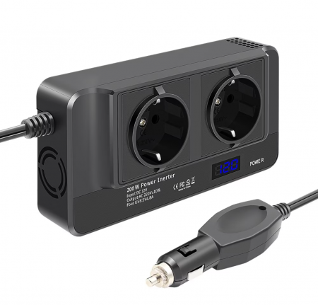 Teljesítménymérő inverter iSEN 8300, fekete, 200W, DC24V -ról AC220V-ra, LCD kijelző, 2 EU AC aljzat, 4 USB port gyors töltéssel [4]