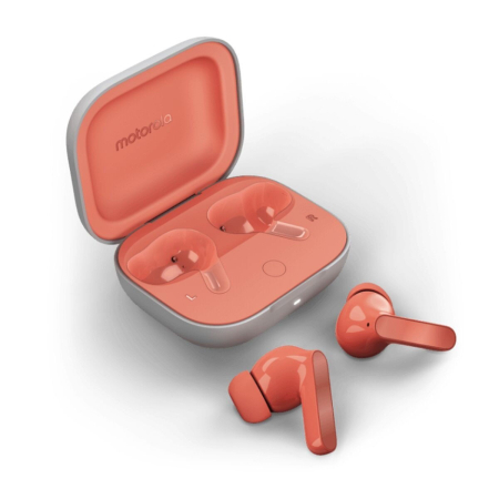 Casti Wireless - Căști In-Ear Motorola Moto Buds, Coral Peach, True Wireless, Dolby Atmos, ANC, Bluetooth 5.3, 42h Autonomie