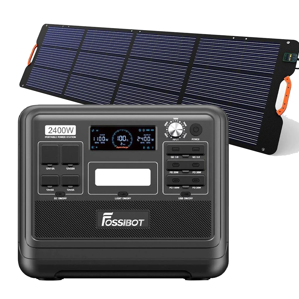 Zöld energia - Fossibot F2400 Fekete Hordozható Elektromos Töltőállomás, LED, IP67 + Hordozható Napelem Fossibot SP200 200W
