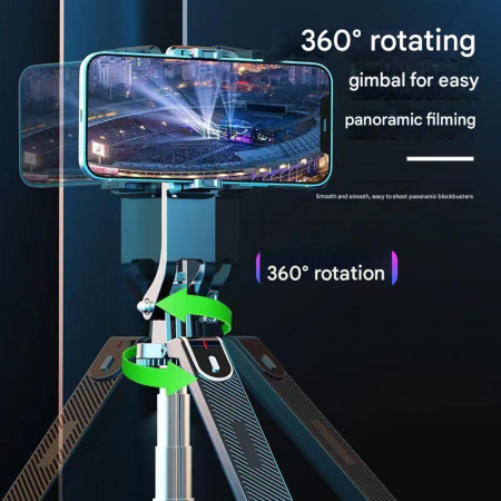 Selfie Stick Auto-broadcast iSEN P185 Negru, 1.8m, Rotatie 360°, Telecomanda Bluetooth, Lumina Detasabila, Incarcare Rapida Type-C, 55 mAh [7]