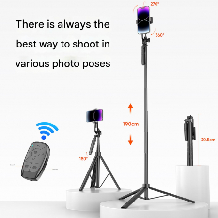 Best Deals - Selfie Stick Trepied Extensibil iSEN A81S Negru, 1900mm, Rotatie universala, Telecomanda Bluetooth Detasabila, Maner Anti-vibratii, 120mAh