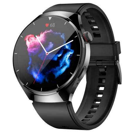 Smartwatch - Smartwatch iSEN BK03, Negru cu Bratara TPU, 1.39" HD, Apel Bluetooth, ECG, glucoză din sânge, oxigen din sânge, tensiune arterială, puls, temperatură corporală, redare muzică, 270 mAh