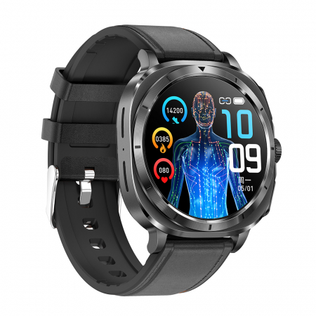 Smartwatch iSEN ET492, Curea piele negru, 1.43" AMOLED HD, HRV, ECG, Monitorizare sanatate, Functii sport, Bluetooth Call, 380 mAh, Android 5.0 or iOS 10.0 sau mai recent, NFC pentru lacate [1]