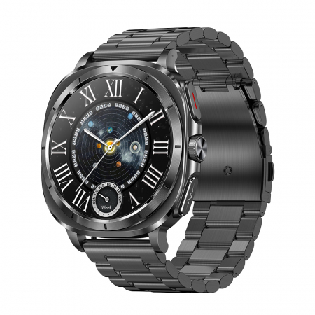 Smartwatch - Smartwatch iSEN ET492, Curea otel negru, 1.43" AMOLED HD, HRV, ECG, Monitorizare sanatate, Functii sport, Bluetooth Call, 380 mAh, Android 5.0 or iOS 10.0 sau mai recent, NFC pentru lacate