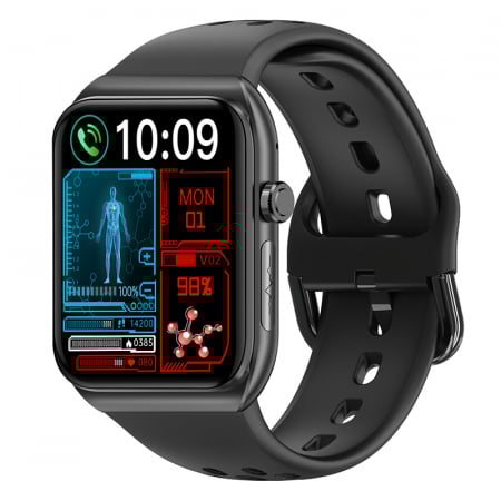 Smartwatch - Smartwatch iSEN BK01, Negru, 1.81" HD, Apel Bluetooth, ECG, glucoza din sange, oxigen din sange, tensiune arteriala, puls, temperatura corporala, redare muzica, 270 mAh