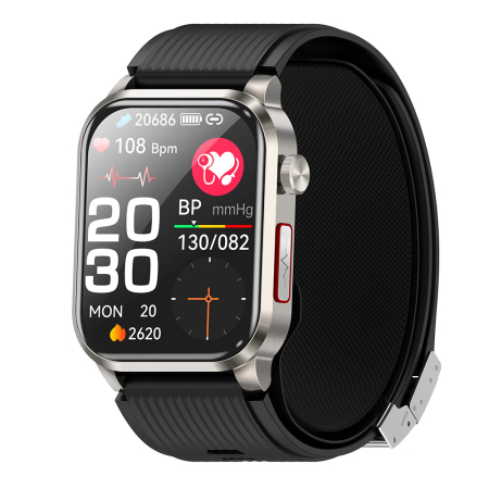 Smartwatch - Smartwatch iSEN P300-Pro, Alb, Curea Silicon Neagra, 2.13" AMOLED, Ritm Cardiac, SpO2, Tensiune (Pompa de Aer), ECG, Temperatura, Moduri Sport, Bluetooth, 300 mAh, Android 8.0 / iOS 10.0