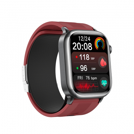 iSEN TK66 Okosóra Piros, 2.06" AMOLED, Légpumpás + Légpárnás Vérnyomásmérő, EKG, Pulzus, Vér Oxigén, Alvás és Egészségfigyelés, Sport Módok, BT Hívás, Zenevezérlés, NFC, 530mAh [1]