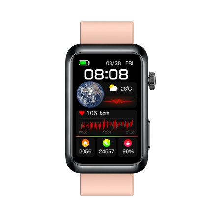 iSEN TK77 Okosóra Rózsaszín, Szilikon, 1.57" HD, EKG, Mikro-Vizsgálat, Vércukor, Húgysav & Zsír Kockázat, BT Hívás, Hangasszisztens, Zseblámpa, SOS, 250mAh [8]
