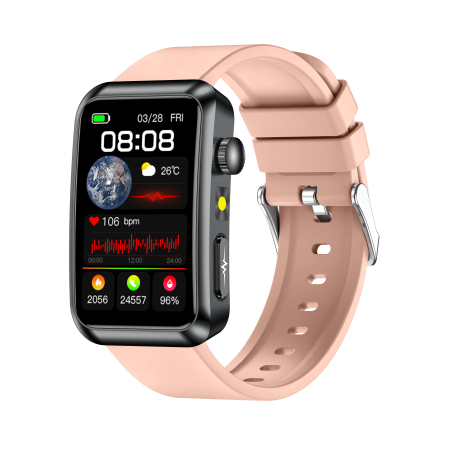 iSEN - iSEN TK77 Okosóra Rózsaszín, Szilikon, 1.57" HD, EKG, Mikro-Vizsgálat, Vércukor, Húgysav & Zsír Kockázat, BT Hívás, Hangasszisztens, Zseblámpa, SOS, 250mAh