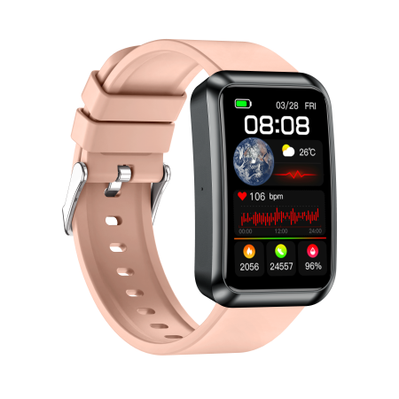 iSEN TK77 Okosóra Rózsaszín, Szilikon, 1.57" HD, EKG, Mikro-Vizsgálat, Vércukor, Húgysav & Zsír Kockázat, BT Hívás, Hangasszisztens, Zseblámpa, SOS, 250mAh [4]