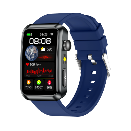 iSEN - iSEN TK77 Okosóra Kék, Szilikon, 1.57" HD, EKG, Mikro-Vizsgálat, Vércukor, Húgysav & Zsír Kockázat, BT Hívás, Hangasszisztens, Zseblámpa, SOS, 250mAh