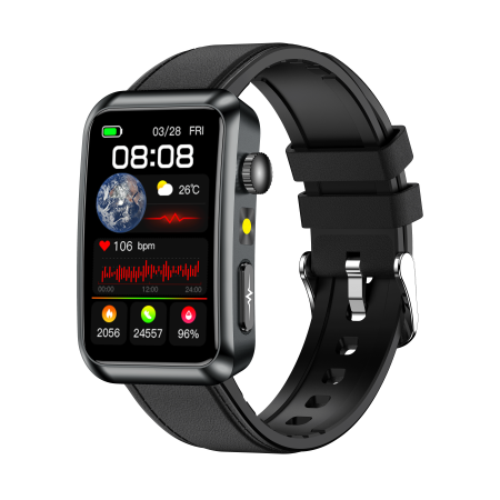 iSEN - iSEN TK77 Okosóra Fekete, Bőr, 1.57" HD, EKG, Mikro-Vizsgálat, Vércukor, Húgysav & Zsír Kockázat, BT Hívás, Hangasszisztens, Zseblámpa, SOS, 250mAh