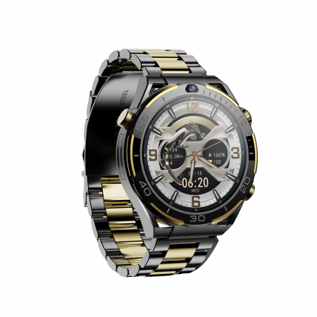 Smartwatch - Smartwatch iSEN Watch T7, Negru/Gold, 4G, 1.5" AMOLED, HD Dual Camera, Android 10, 6GB RAM + 128GB ROM, WiFi 5G, GPS, 800mAh, IP67, Curea metal