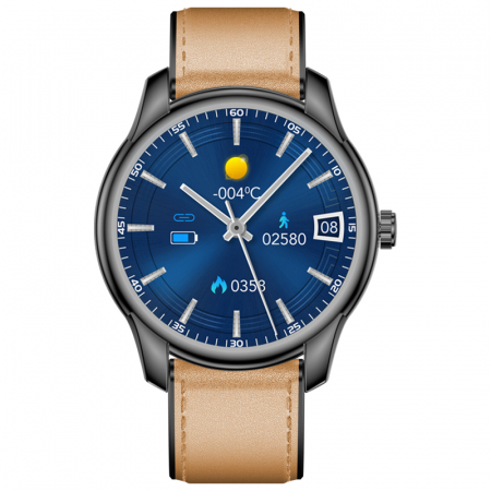 iSEN - Okosóra iSEN Watch W9 Fekete világosbarna bőr karkötővel, 1,3" testreszabható kijelző, IP68, 200mAh, HR, feszültség, értesítések, zene