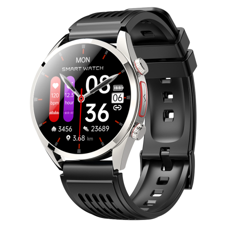 Smartwatch - Smartwatch iSEN FE02, Silver, Curea Silicon Neagra, 1.43" AMOLED, EKG, Ritm Cardiac, SpO2, Glicemie, Tensiune, Moduri Sport, Apelare HD Bluetooth, 350 mAh, Android 5.0 sau iOS 10.0 sau ulterior