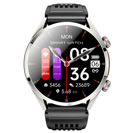 Smartwatch iSEN FE02, Silver, Curea Silicon Neagra, 1.43" AMOLED, EKG, Ritm Cardiac, SpO2, Glicemie, Tensiune, Moduri Sport, Apelare HD Bluetooth, 350 mAh, Android 5.0 sau iOS 10.0 sau ulterior [1]