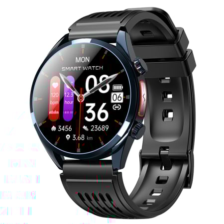 Smartwatch - Smartwatch iSEN FE02, Albastru, Curea Silicon Neagra, 1.43" AMOLED, EKG, Ritm Cardiac, SpO2, Glicemie, Tensiune, Moduri Sport, Apelare HD Bluetooth, 350 mAh, Android 5.0 sau iOS 10.0 sau ulterior