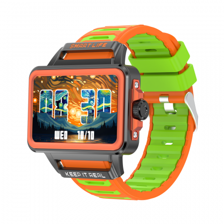 Smartwatch - Smartwatch iSEN S666, Orange/Gray/Green, 1.57" TFT HD, iOS / Android, NFC, Alerta apel Bluetooth, Jocuri, Monitorizare sanatate, 240mAh