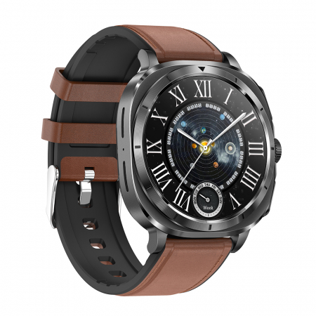 Smartwatch iSEN ET492, Curea piele maro, 1.43" AMOLED HD, HRV, ECG, Monitorizare sanatate, Functii sport, Bluetooth Call, 380 mAh, Android 5.0 or iOS 10.0 sau mai recent, NFC pentru lacate [1]