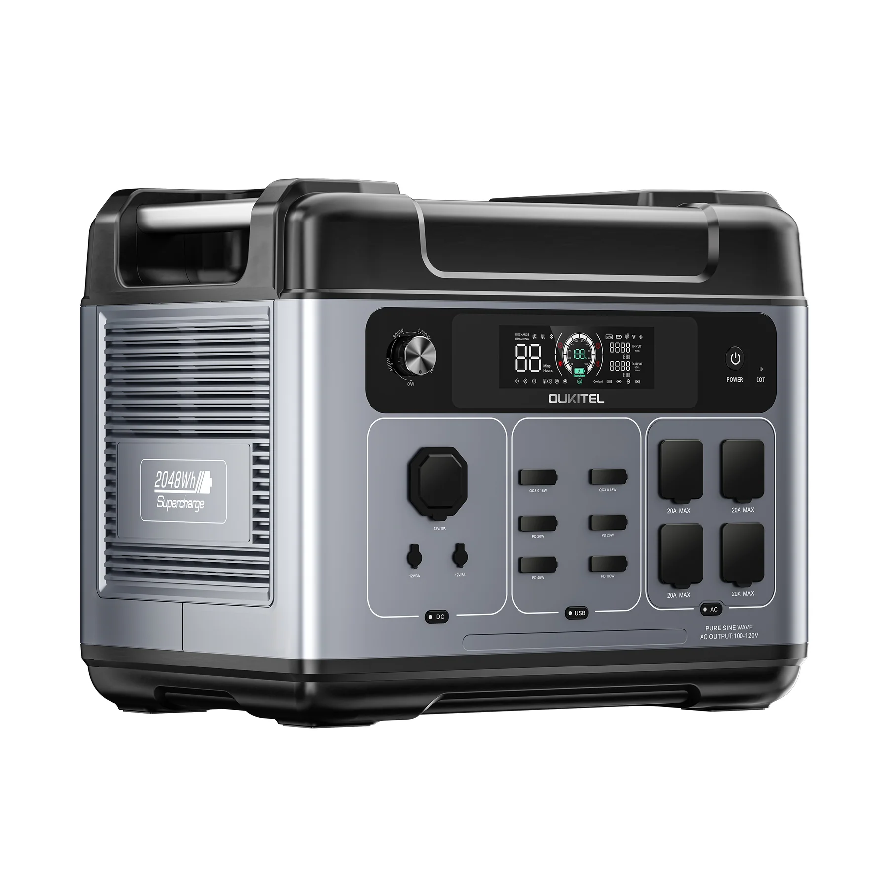 Oukitel P2001 Plus hordozható elektromos töltőállomás / külső akkumulátor, 2048Wh, 2400W, 220V, LCD kijelző, 13 kimenet, BMS védelem [2]