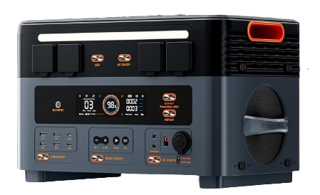 Energiatermelő állomások - Elektromos energiatermelő állomások - Masszív hordozható töltőállomás OSCAL PowerMax 2400, 2400W (4800W csúcs), 1872Wh LiFePO4 akkumulátor, Gyors töltés 1,5 óra alatt, 14 port, 100W USB-C, HD sztereó hangszórók, Fekete