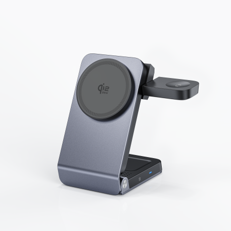 iSEN - Stație de Încărcare Wireless iSEN W103, Magnetică 3 în 1, Pliabilă, Încărcare Telefon 25W, Smartwatch 2.5W, Căști TWS 5W, Suport Reglabil, Design Compact