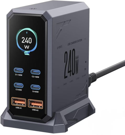 Lifestyle - Stație Încărcare GaN iSEN HW186, 240W, 6 Porturi, 4×USB-C PD3.1 + 2×USB-A QC3.0, Display LED, Încărcare Rapidă Laptop, Telefon și Tabletă