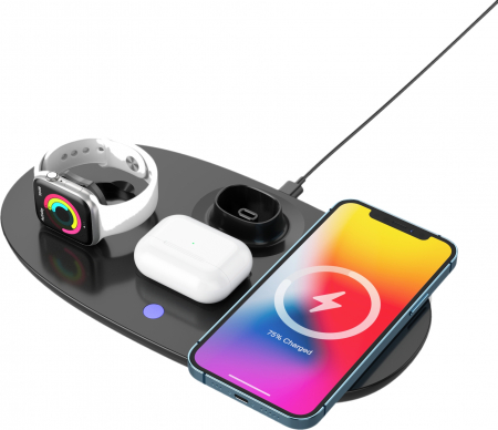 Fejhallgató állvány / iSEN 4 az 1-ben vezeték nélküli töltő fekete, Fejhallgató töltő max. 3W, Óratöltő max. 2W, Telefontöltő max 15W [2]