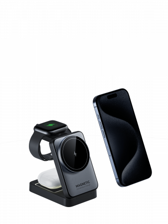 iSEN W91, 3 az 1-ben hajtogatható mágneses vezeték nélküli töltő állvány, Fekete, Fülhallgató töltő 5W, Óra töltő 2.5W, Telefon töltő 15W, Hajtható, Hűtőrendszer [1]