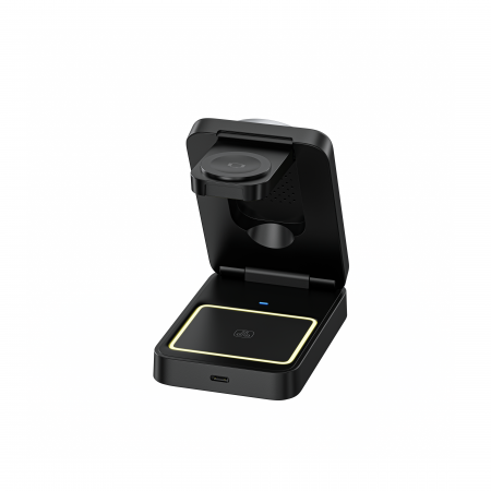 iSEN W91, 3 az 1-ben hajtogatható mágneses vezeték nélküli töltő állvány, Fekete, Fülhallgató töltő 5W, Óra töltő 2.5W, Telefon töltő 15W, Hajtható, Hűtőrendszer [5]