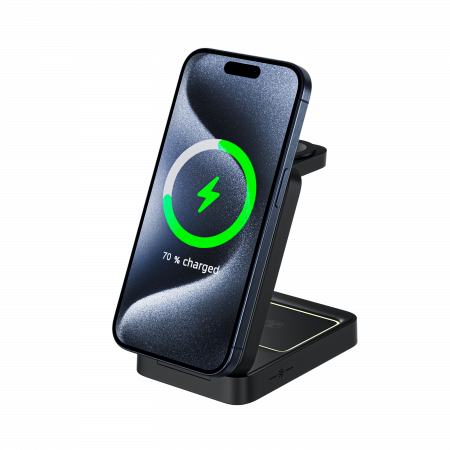 iSEN - iSEN W91, Suport de încărcare wireless magnetic 3 în 1 pliabil, Negru, Încărcător căști 5W, Încărcător ceas 2.5W, Încărcător telefon 15W, Sistem de răcire