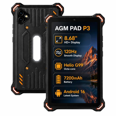 Noutati - Tabletă AGM PAD P3, 4G LTE, eSIM, NFC, 8.68” FHD+ 120Hz, 6GB RAM, 128GB ROM, Helio G99 Octa-Core, 7200mAh, Cameră 50MP, IP68/IP69K, Android 16, Dual SIM