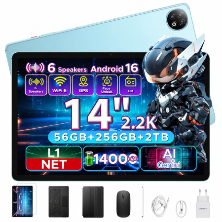 Tablete, Laptopuri si Accesorii - Tabletă DOOGEE U14 VIP, Albastru, WiFi 6, 14” 2.2K IPS 90Hz, 56GB RAM (6GB + 50GB extensibili), 256GB ROM, RK3576S Octa-Core, 14000mAh 33W, Android 16, Gemini AI
