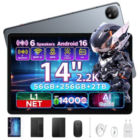 Tablete, Laptopuri si Accesorii - Tabletă DOOGEE U14 VIP, Gri, WiFi 6, 14” 2.2K IPS 90Hz, 56GB RAM (6GB + 50GB extensibili), 256GB ROM, RK3576S Octa-Core, 14000mAh 33W, Android 16, Gemini AI