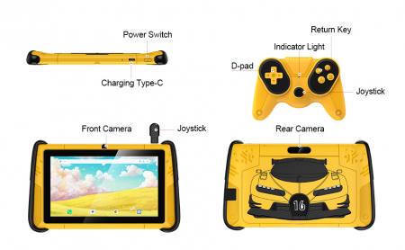 Tableta iSEN Pritom K7 PRO pentru copii, Galben, 7 inch HD, 4GB RAM, 64GB ROM, Android 12, Cameră dublă, Baterie 3500mAh, Wi-Fi, Bluetooth, GPS [1]