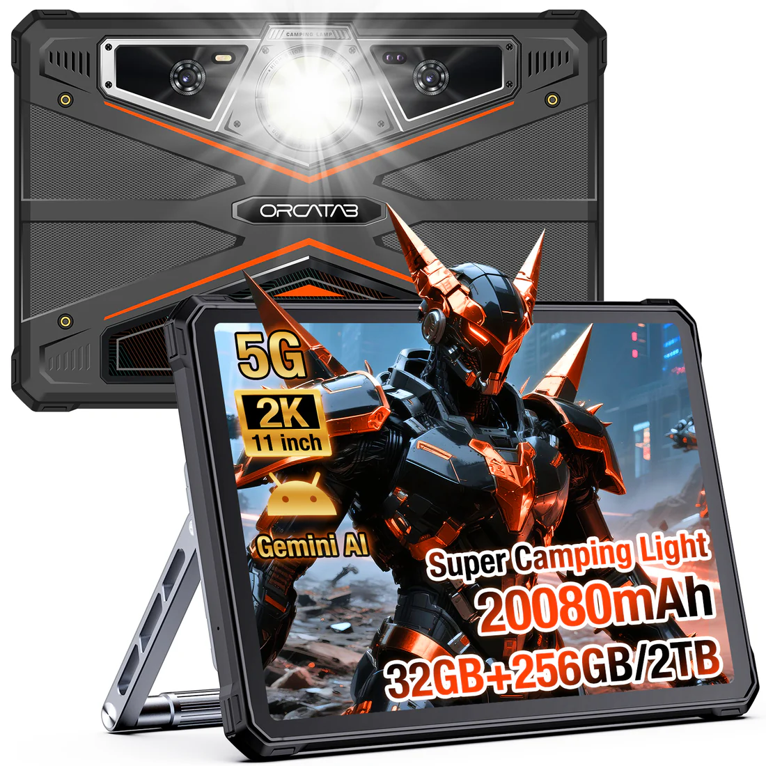 Tablete - Tabletă ORCATAB WT1 Pro, Portocaliu, 5G, 11" 2K 120Hz, 32GB RAM (8GB + 24GB extensibili), 256GB, Unisoc T8200, 20080mAh, 33W, Cameră 64MP + 20MP Night Vision, Android 15, Lumină Camping 380lm