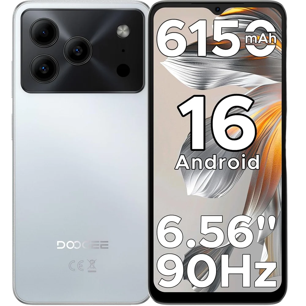 5G Smartphones - Mobile Phone Doogee Note 56 , White, 4G, 6.56" HD+ IPS 90Hz, 24GB RAM (6GB + 21GB Extended), 64GB ROM, 50MP, Android 16, Unisoc T7225, Gemini AI, NFC, 6150mAh, 18W, Dual SIM