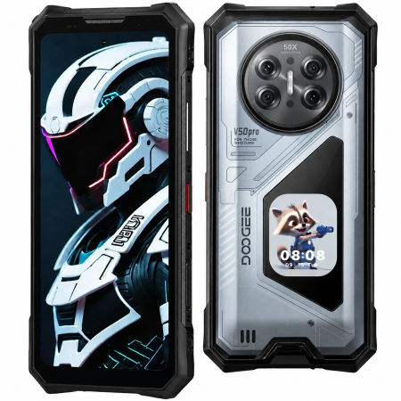 Tartós Telefonok - DOOGEE V50 Pro Mobiltelefon, Szürke, 5G, 6.78" FHD+ 120Hz, 52GB RAM (16GB + 36GB bővíthető), 512GB, 200MP + 64MP Éjjellátó Kamera, 2.06" AMOLED Másodlagos Kijelző, Android 16, 11000mAh, Dual SIM
