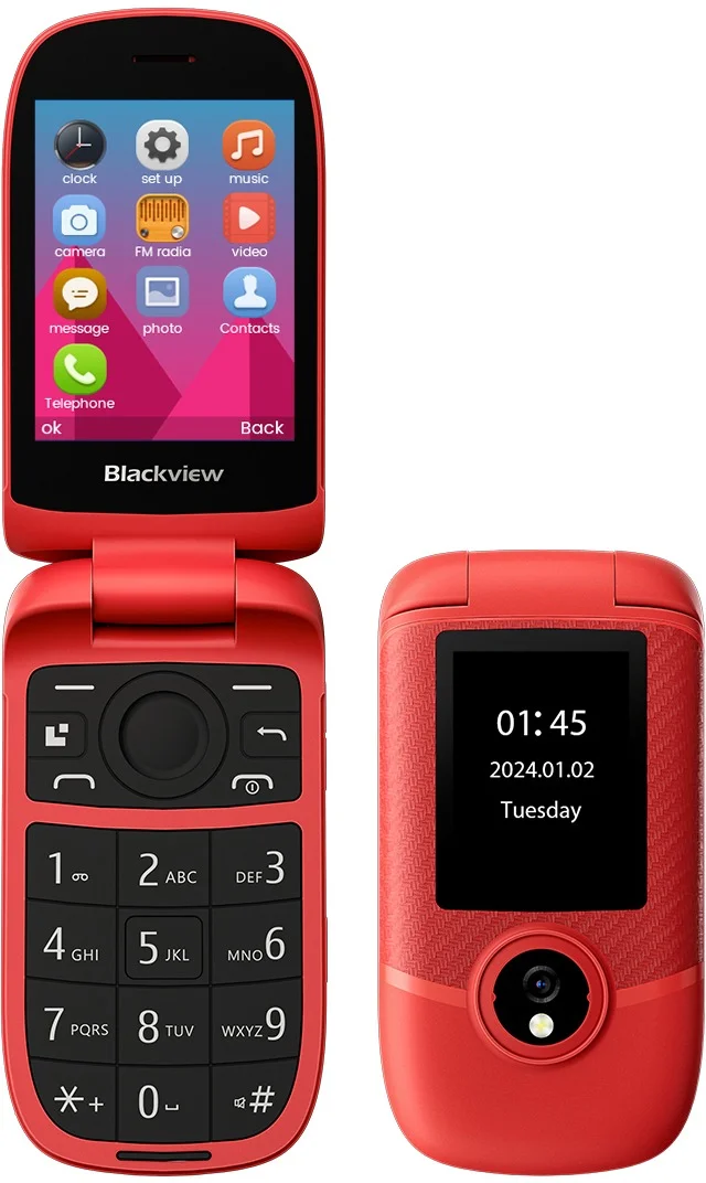 Telefon Gyártók - Mobiltelefon Flip Blackview N2000, Red, 4G, Kettős kijelző 2,8" + 1,77", 48 MB RAM + 128 MB ROM, RTOS, Unisoc T107, 1500 mAh, SOS, Két SIM