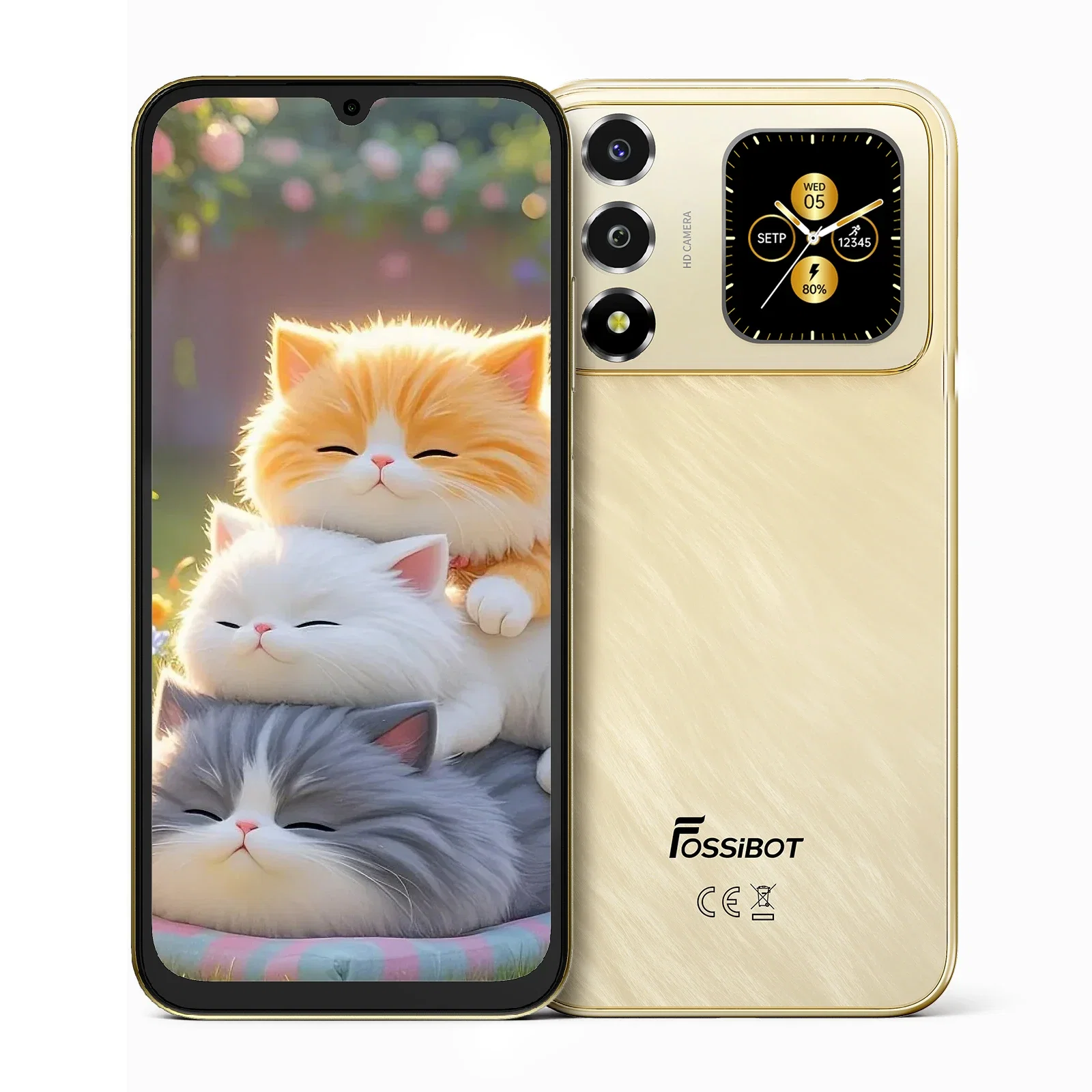 Phone - FOSSiBOT S7 PROMobile Phone, Gold, 4G LTE, NFC, 6.9” HD+ 120Hz, 1.85” Rear Display, 32GB RAM (8GB + 24GB Extended), 256GB ROM, Unisoc T615, 5000mAh 10W, Android 16, Dual SIM