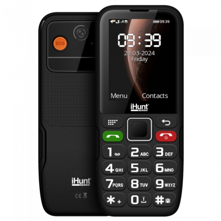 iHunt Primo 4G mobile phone with 2.4" display, Dual SIM, 48MB RAM, 128MB ROM, 1800 mAh battery, flashlight, FM radio, Bluetooth, and 4G connectivity. Reliable and easy to use for everyday needs.