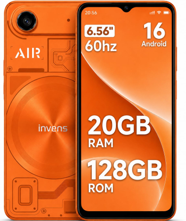 Telefon Mobil invens AIR1, Portocaliu, 4G LTE, 6.56” HD+ LCD, Android 16, 20GB RAM (4GB + 16GB extensibili), 128GB ROM, Unisoc T310 Quad-Core, 5000mAh, Cameră 16MP + 8MP, Face ID, Dual SIM