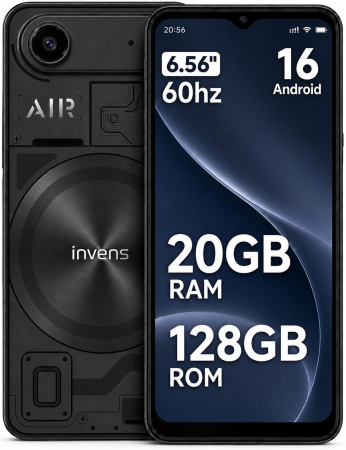Toate ( smart si clasice ) - Telefon Mobil invens AIR1, Negru, 4G LTE, 6.56” HD+ LCD, Android 16, 20GB RAM (4GB + 16GB extensibili), 128GB ROM, Unisoc T310 Quad-Core, 5000mAh, Cameră 16MP + 8MP, Face ID, Dual SIM