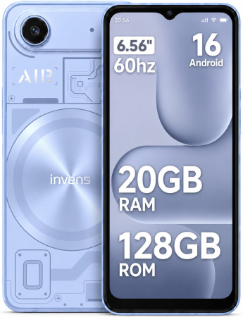 Telefon Mobil invens AIR1, Albastru, 4G LTE, 6.56” HD+ LCD, Android 16, 20GB RAM (4GB + 16GB extensibili), 128GB ROM, Unisoc T310 Quad-Core, 5000mAh, Cameră 16MP + 8MP, Face ID, Dual SIM