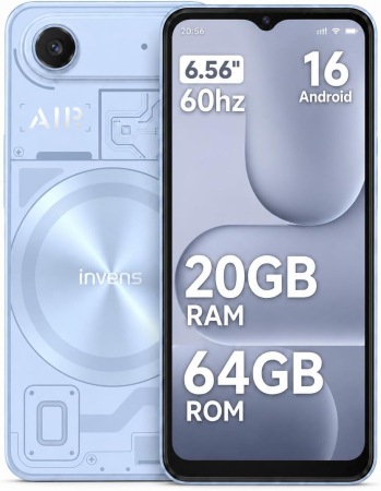 Toate ( smart si clasice ) - Telefon Mobil invens AIR1, Albastru, 4G LTE, 6.56” HD+ LCD, Android 16, 20GB RAM (4GB + 16GB extensibili), 64GB ROM, Unisoc T310 Quad-Core, 5000mAh, Cameră 16MP + 8MP, Face ID, Dual SIM