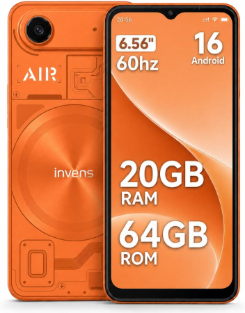 Telefon Mobil invens AIR1, Portocaliu, 4G LTE, 6.56” HD+ LCD, Android 16, 20GB RAM (4GB + 16GB extensibili), 64GB ROM, Unisoc T310 Quad-Core, 5000mAh, Cameră 16MP + 8MP, Face ID, Dual SIM