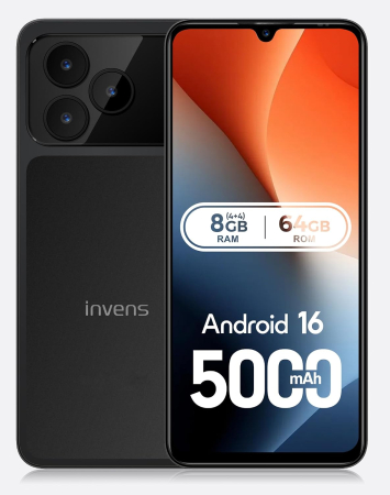 Phone - invens NOTE 17P Mobile Phone, Black, 4G LTE, 6.9” HD+ LCD, Android 16, 8GB RAM (4GB + 4GB Extended), 64GB ROM, 5000mAh, 16MP + 8MP Camera, Face ID, Dual SIM
