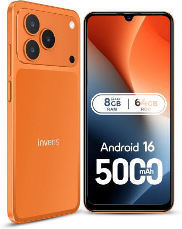 Phone - invens NOTE 17P Mobile Phone, Orange, 4G LTE, 6.9” HD+ LCD, Android 16, 8GB RAM (4GB + 4GB Extended), 64GB ROM, 5000mAh, 16MP + 8MP Camera, Face ID, Dual SIM