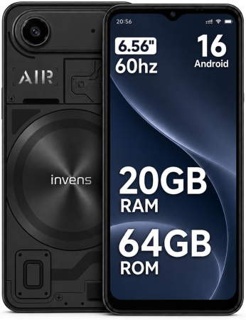 Mobiltelefon - invens AIR1 Mobiltelefon, Fekete, 4G LTE, 6.56” HD+ LCD, Android 16, 20GB RAM (4GB + 16GB Bővített), 64GB ROM, Unisoc T310 Négymagos, 5000mAh, 16MP + 8MP Kamera, Face ID, Dual SIM